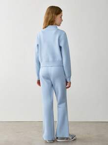 SHEIN 少女纯色长袖拉链开衫搭配喇叭针织裤休闲套装 - 淺藍色 - 查看 2