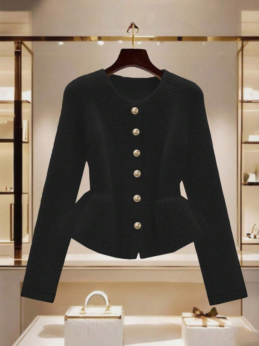 GlowEve Women's Stylish Waist Cinched Ruffle Hem Short Cardigan, Unique Metal Button Decor, Chic White Sweater - Black - View 1