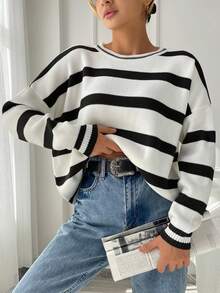 RueChic Striped Pattern Drop Shoulder Sweater - Multicolor - View 4
