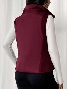 SHEIN EZwear 女士酒红色拉链领休闲羽绒背心外套，圣诞节和情人节外套 - 酒紅色 - 查看 2