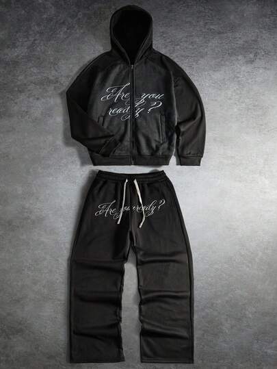 Manfinity EMRG Men's Letter Print Long Sleeve Zip Front Hoodie And Sweatpants Casual Tracksuit Set,Men's Streetwear,Baggy.Brand,I Love My Boyfriend,Graphic