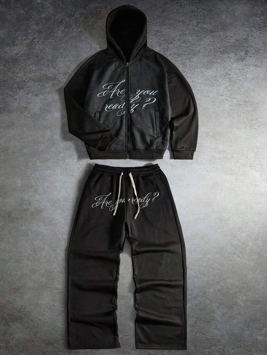 Manfinity EMRG Men's Letter Print Long Sleeve Zip Front Hoodie And Sweatpants Casual Tracksuit Set,Men's Streetwear,Baggy.Brand,I Love My Boyfriend,Graphic - Black - View 1