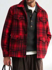 Airaco Men's Casual Plaid Print Shirt Jacket - Red - View 2