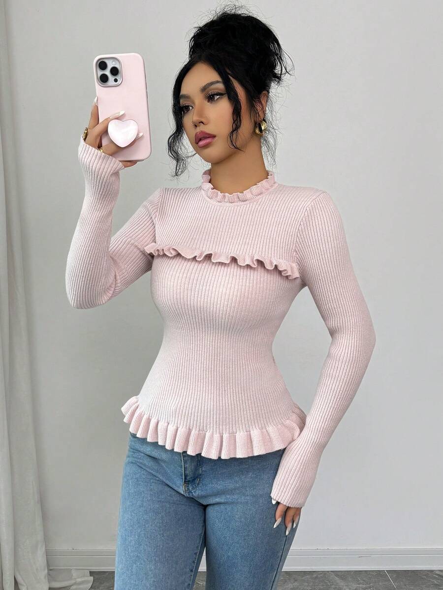 SHEIN Elenzya Women's Sweet Ruffled Collar & Hem Long Sleeve Knit Sweater, Pink, Korean Style, Autumn/Winter - Pink - View 1