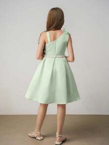 Tween Girls' Waist Asymmetric Elegant Sage Green Wedding Party Mini Dress, Graduation, Outfit - Mint Green - View 2