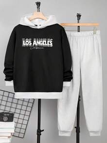 SHEIN 2件套青少年男童撞色连帽卫衣和运动裤套装，春秋季休闲运动装，适合情人节穿着 - 彩色 - 查看 1