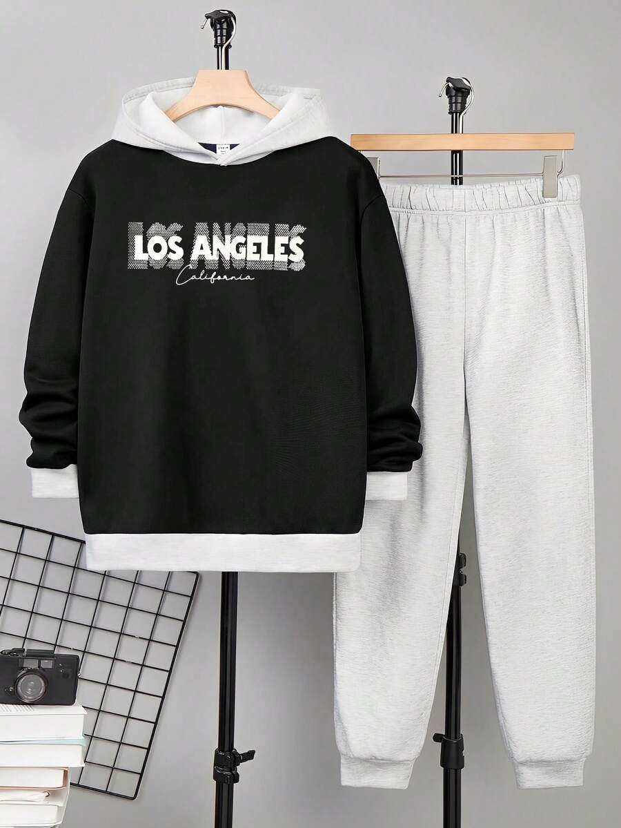 SHEIN 2件套青少年男童撞色连帽卫衣和运动裤套装,春秋季休闲运动装,适合情人节穿着 - 彩色 - 查看 1