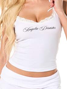 SUMWON WOMEN Lace Trim Cami Top And Fold Over Shorts Lounge Set Sleepwear Pajama Set Ribbed Cotton Blend Nightwear Comfort Wear Relaxation Outfit Home Wear Set - White - View 3