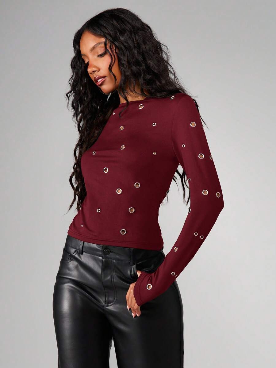 MISSGUIDED Eyelet Round Neck Long Sleeve Top With Golden Metal Hardware Detail - Burgundy - View 1