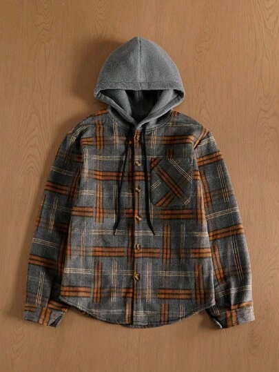 TOKVUE 男士格子休闲连帽长袖羊毛衫