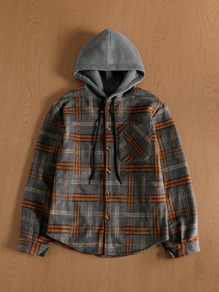 TOKVUE Suéter de lana con capucha de manga larga y estampado a cuadros para hombre - Multicolor - Añade 1