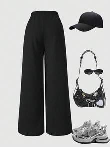 SHEIN 少女宽松休闲纯色基础款春裤，适合日常通勤、休闲、度假、朋友聚会、街拍，四季皆宜。 - 黑色 - 查看 2