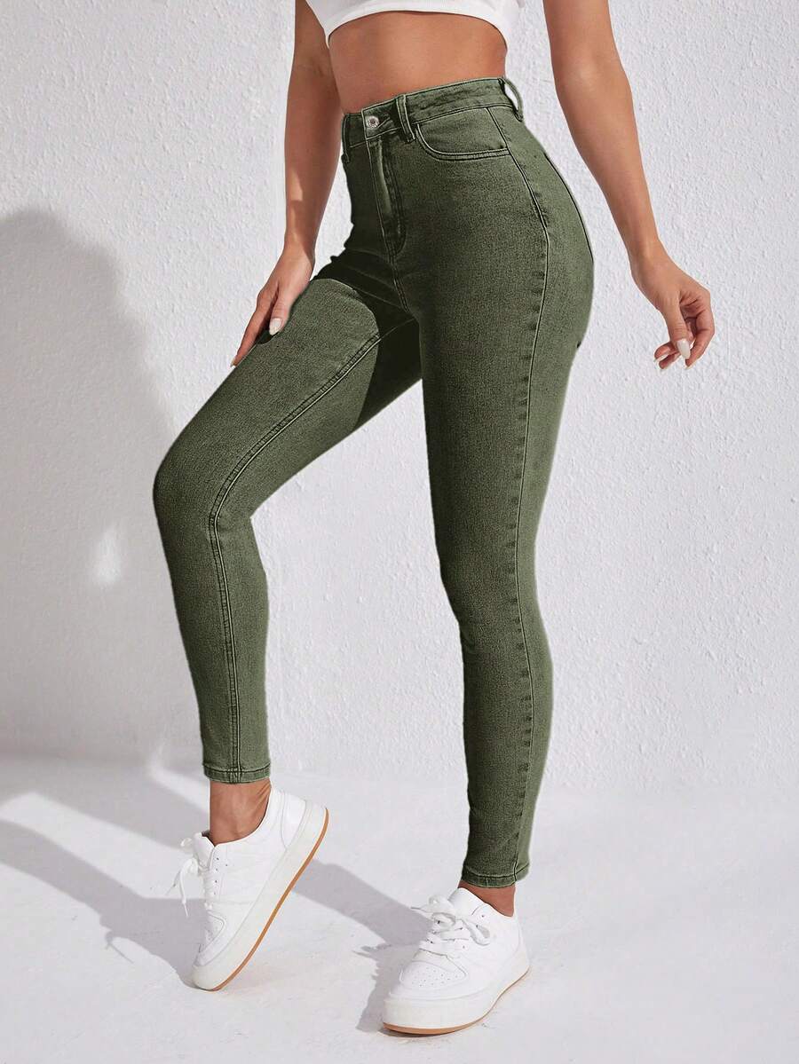 SHEIN SXY Women's Casual Washed High Waist Slim Fit Jeans - Army Green - View 1