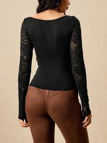 Easelle 女士黑色针织蕾丝拼接紧身T恤 - 黑色 - 查看 8