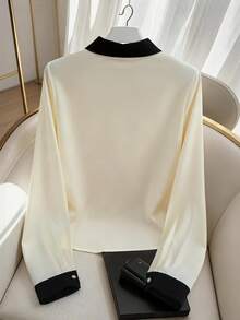 GlowEve 女士撞色荷叶边领设计休闲日常通勤优雅时尚法式街头复古乡村百搭假日商务新款长袖米色拼接黑色衬衫 - 彩色 - 查看 2