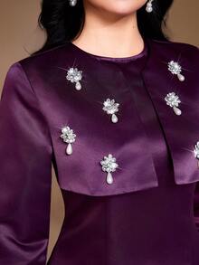 Veilorie 女士优雅宴会礼服，饰以水钻和仿珍珠，腰部收紧，阿拉伯风格 - 紫色 - 查看 2