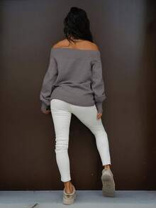 SAYEHFBABY 针织罗纹不对称领长袖束口下摆套头衫，适合机场、假日、秋季、冬季、日常穿着，圣诞节、感恩节皆宜，时尚百搭。 - 灰色 - 查看 2