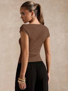 SHEIN BAE Áo thun tay ngắn họa tiết kim loại xếp ly thời trang, đa năng, phù hợp đi làm hàng ngày cho nữ - màu nâu - Xem 2