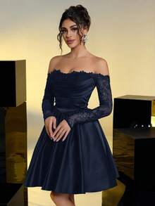 Lovelzi 优雅奢华黑色露肩薄纱长袖蕾丝拼接缎面褶皱长裙，适合婚礼、派对、度假、舞会、短款正式礼服（厚实耐用） - 藏蓝色 - 查看 4