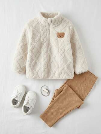 THE HAPPY LOOK 2pcs/Set Young Girl Cartoon Bear Pattern Fleece Crew Neck Long Sleeve Half-Zip Pullover Sweatshirt And Elastic Waist Pants