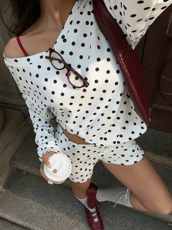 MainGRL 2pcs/Set Women Polka Dot Print Casual Long Sleeve Sweatshirt And Polka Dot Shorts Set,Going Out,Autumn/Winter ,New Year Clothes