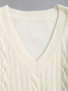 SHEIN Sweetro 女士简约时尚米色长袖修身绞花针织V领毛衣连衣裙，秋冬款 - 米色 - 查看 5