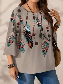 EMERY ROSE Camisa feminina plus size casual com estampa total, gola redonda e mangas 3/4. - Caqui - Ver 8