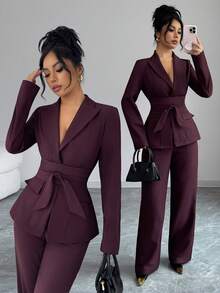 Elenzga Bộ vest 2 món dành cho nữ, có cổ ve, nút cài phía trước, gấu xẻ, túi bên hông, nơ thắt eo, áo khoác blazer tay dài kết hợp với quần ống rộng cạp chun, màu đỏ Angora, phong cách Pháp cổ điển thanh lịch cho công sở/đi làm/công tác/nghỉ dưỡng/thường ngày/đường phố, trang phục dự tiệc/giáng sinh/lễ tạ ơn/trà chiều/năm mới sang trọng, thu/đông - Màu Tím - Xem 1