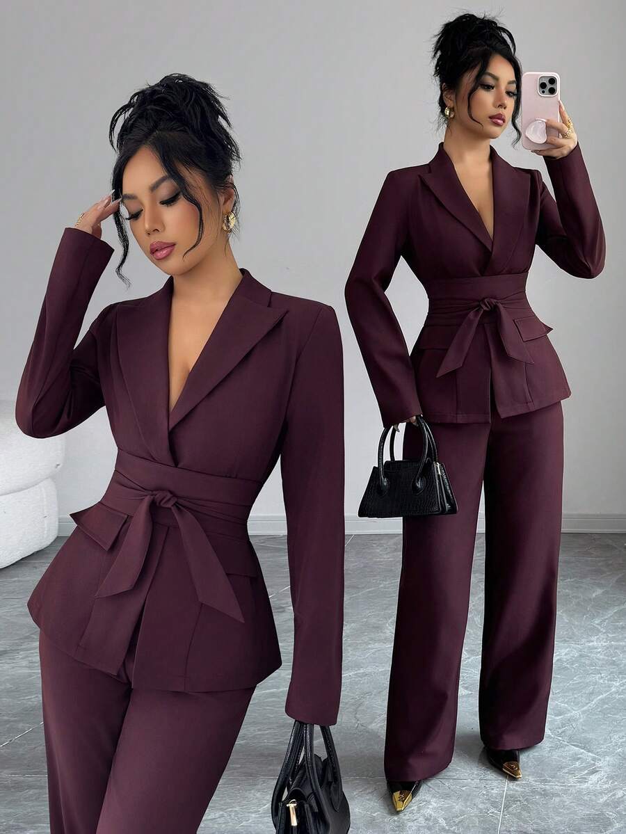 Elenzga Bộ vest 2 món dành cho nữ, có cổ ve, nút cài phía trước, gấu xẻ, túi bên hông, nơ thắt eo, áo khoác blazer tay dài kết hợp với quần ống rộng cạp chun, màu đỏ Angora, phong cách Pháp cổ điển thanh lịch cho công sở/đi làm/công tác/nghỉ dưỡng/thường ngày/đường phố, trang phục dự tiệc/giáng sinh/lễ tạ ơn/trà chiều/năm mới sang trọng, thu/đông - Màu Tím - Xem 1