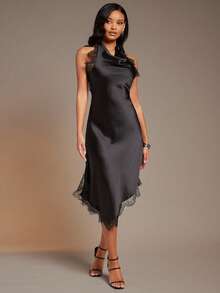 L'Amorae Women's Solid Color Lace Patchwork Simple Daily Backless Halter Dress - Black - View 2
