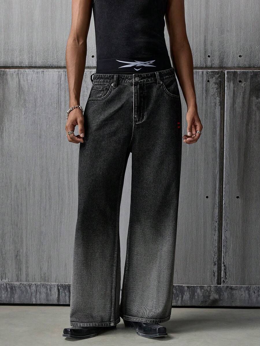 NEON BLANC Men's Casual Washed Gradient Wide-Leg Jeans - Black - View 1