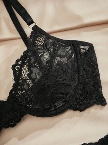 女士花卉蕾丝性感内衣套装 - 黑色 - 查看 3