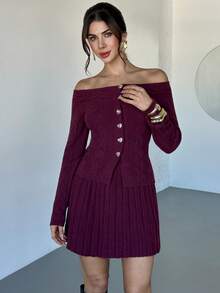 Firerie Women Elegant Burgundy 2pcs/Set Off-The-Shoulder Long Sleeve Front Love Button Closure Dress,Umbrella Skirt Red Knit Set,Autumn Brunch Party Dresses - Red Violet - View 6