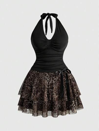 J-Fashion Große Größen Damen sexy tailliertes mehrlagiges Leoparden-Minikleid mit Neckholder