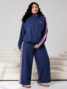 SHEIN EZwear Plus Size Contrast Stripe Knit Top And Pants 2 Pieces Set - Blue - View 5