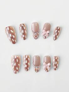 ROMWE Anime 10pcs Cute Bowknot Music Note Star Element High Quality Handmade False Nails + 3pcs Double-Sided Adhesive, Y2K French Style Rhinestone Chain Polka Dot Removable Nail Art Stickers, Suitable For Holidays, Parties, Dancing And Daily Wear - brown and pink - View 3