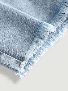 SHEIN Tween Girls' Leopard Print Bow Decor Blue Denim Frayed Hem Baggy Denim Shorts,For School, Campus, Spring And Summer,All Season Fashionable Children's Pants, Vintage Washed Denim Trousers,3D Floral Flocking Wide Leg Jeans, Rockstar 70s Jeans - Blue - View 4