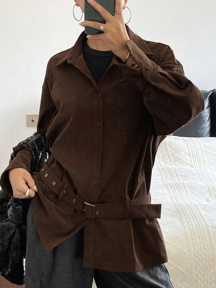 Women's Loose Fit Long Sleeve Solid Color Belted Casual Shirt, Autumn/Winter