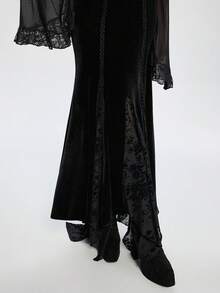 Breakform 女士哥特式优雅植绒花卉拼接植绒缎带刺绣A字长裙 - 黑色 - 查看 4