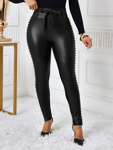 SHEIN Lady 女士纯色高腰水钻装饰紧身裤 - 黑色 - 查看 3