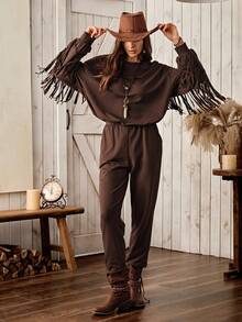 Wildy American Casual Country Western Women Autumn/Winter Basic Outfit Fringe Long Sleeve Top And Pants 2 Pieces Set - Coffee Brown - View 3