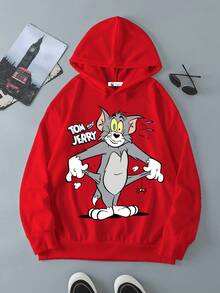 TOM & JERRY X SHEIN Men's Cute Cartoon Print Red Hoodie, For Fall, Long Sleeve Top