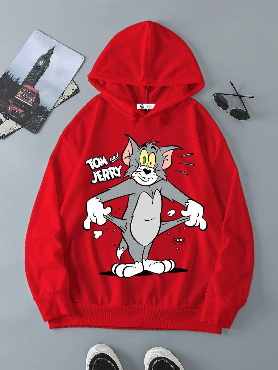 TOM & JERRY X SHEIN Men's Cute Cartoon Print Red Hoodie, For Fall, Long Sleeve Top