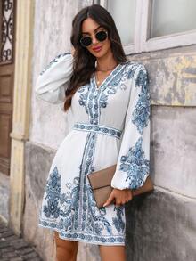 EMERY ROSE Women's Vintage Casual Long Sleeve Waist Cinched Short Dress,White And Blue Floral,Autumn,Boho,Tea Party,Holiday Lantern Sleeve Vacation Outfits - Blue and White - View 3