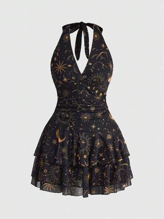 Vestido con espalda descubierta, estampado de estrellas y lunas vintage estilo hippie