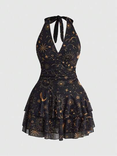 ROMWE Spring/Summer Hippie Vintage Mysterious Star & Moon Print Mesh Backless Dress