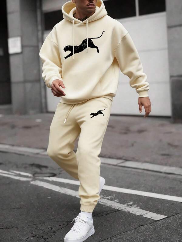 Manfinity Homme 男士豹纹连帽衫和运动裤两件套休闲运动服