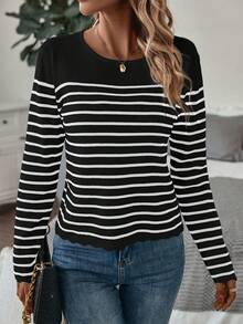Chiquease 女士休闲条纹圆领毛衣，秋季 - 黑與白 - 查看 3