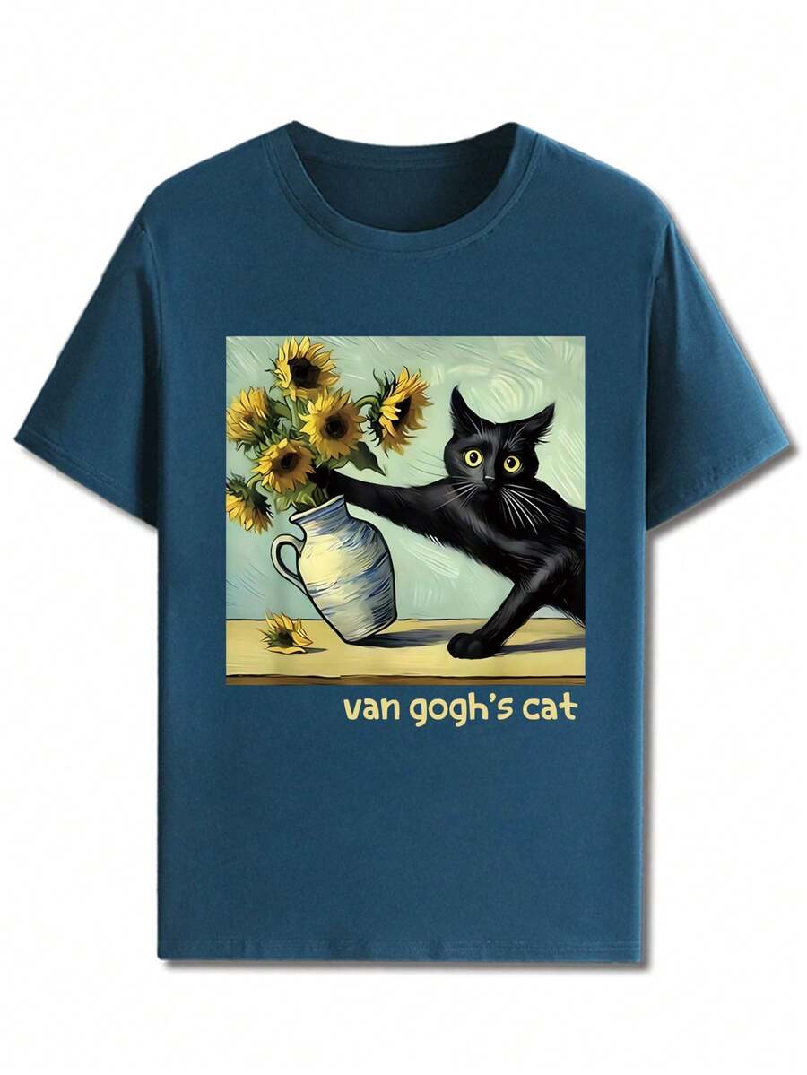 Manfinity Hypemode Men's Casual Round Neck Animal Slogan Print Short Sleeve T-Shirt - Navy Blue - View 1