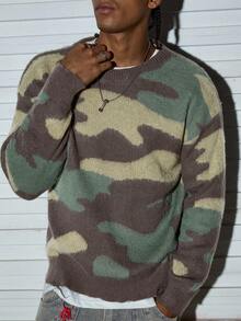 Modcrash Unisex Fluffy Camouflage Pattern Jacquard Knit Pullover Sweater, Casual Commuter Streetwear, Suitable For Autumn And Winter - Green - View 6